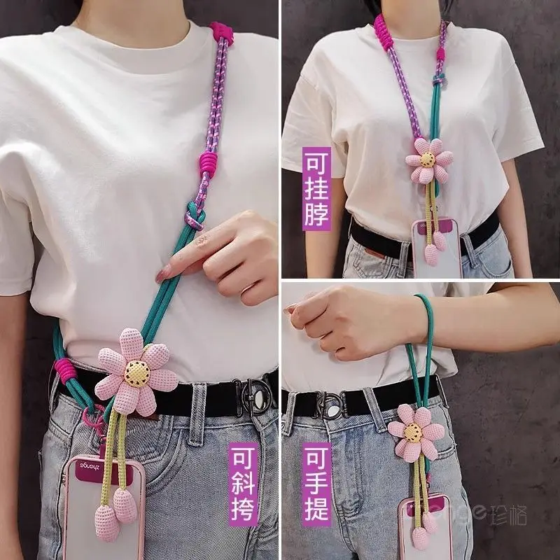 Ins Creative Flower Woven Three-In-One Lanyard Long Cross-Body Wearable Mobile Phone Lanyard Outdoor Camera Anti-Lost Rope