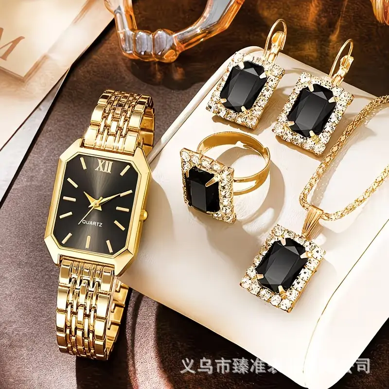 Cross-Border Hot-Selling Women's Watch and Jewelry Set, Diamond-Encrusted Quartz Watch, Necklace, Ring, Earrings, 5-Piece Gift Set