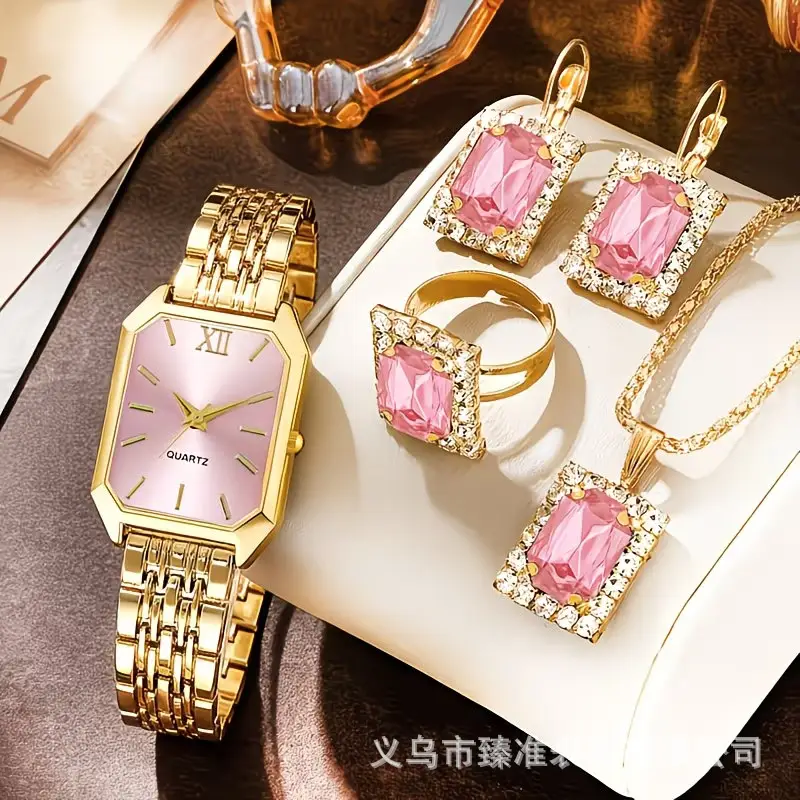Cross-Border Hot-Selling Women's Watch and Jewelry Set, Diamond-Encrusted Quartz Watch, Necklace, Ring, Earrings, 5-Piece Gift Set