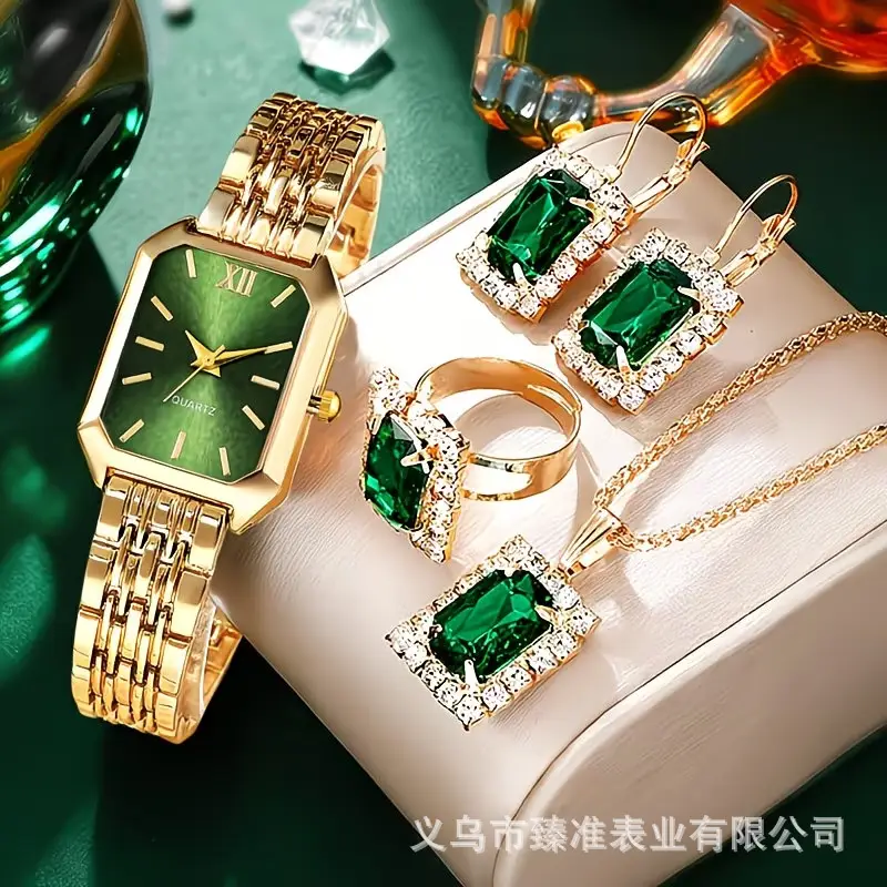 Cross-Border Hot-Selling Women's Watch and Jewelry Set, Diamond-Encrusted Quartz Watch, Necklace, Ring, Earrings, 5-Piece Gift Set