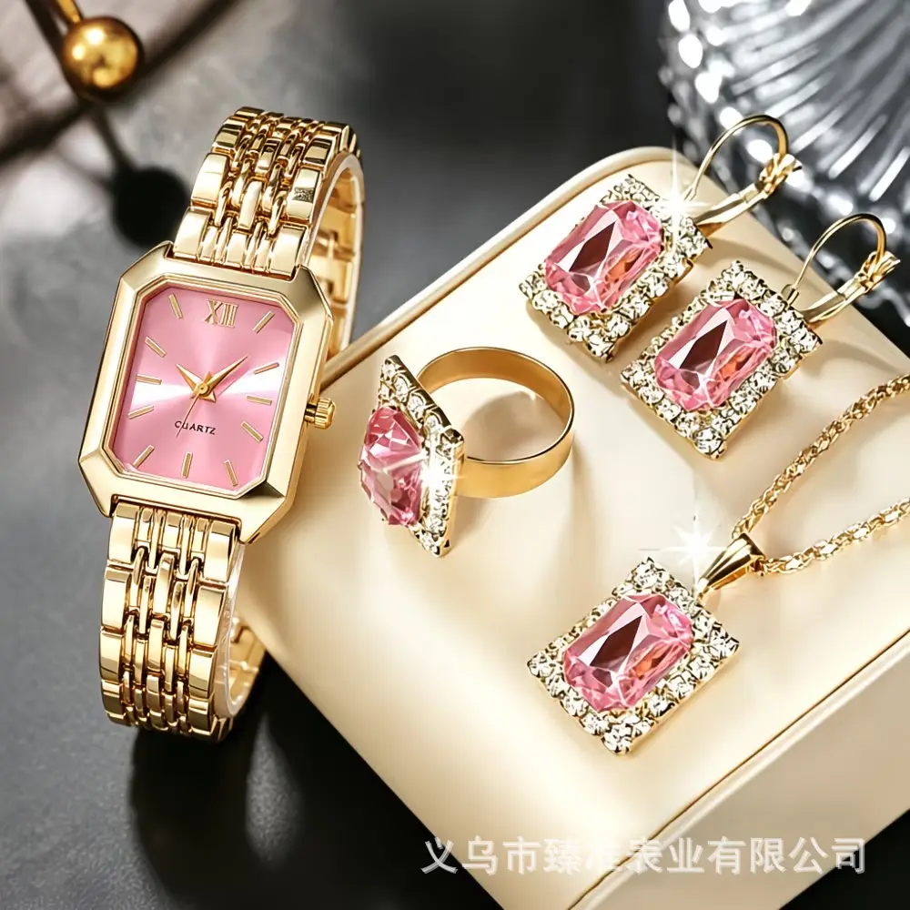 Cross-Border Hot-Selling Women's Watch and Jewelry Set, Diamond-Encrusted Quartz Watch, Necklace, Ring, Earrings, 5-Piece Gift Set — feature 7