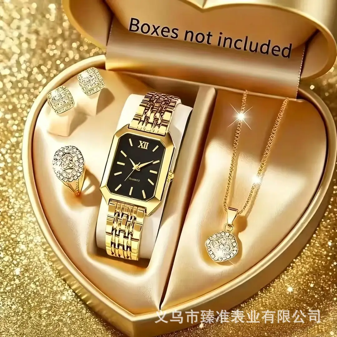Cross-Border Hot-Selling Women's Watch and Jewelry Set, Diamond-Encrusted Quartz Watch, Necklace, Ring, Earrings, 5-Piece Gift Set