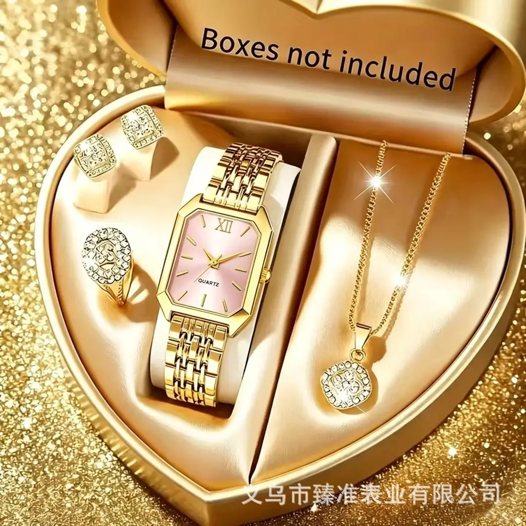 Cross-Border Hot-Selling Women's Watch and Jewelry Set, Diamond-Encrusted Quartz Watch, Necklace, Ring, Earrings, 5-Piece Gift Set