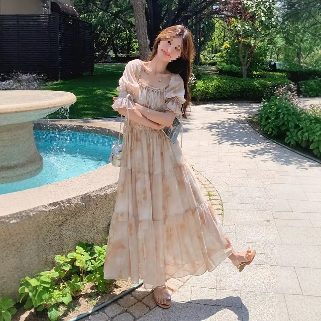 French Romantic Square-Neck Floral Dress, Summer Fairy 2026 New Style, Spring & Fall Gentle Elegant, Super Fairy Holiday Long Dress