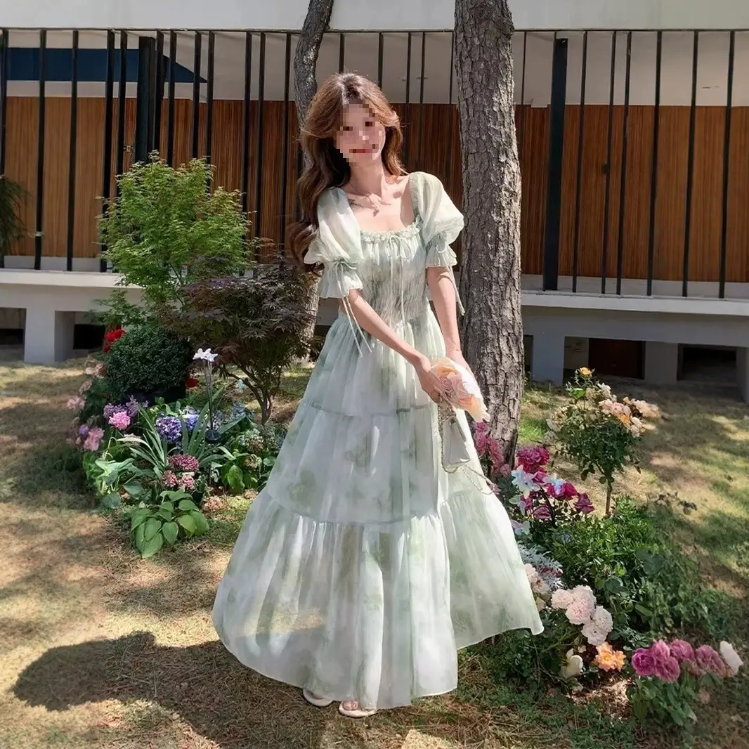 French Romantic Square-Neck Floral Dress, Summer Fairy 2026 New Style, Spring & Fall Gentle Elegant, Super Fairy Holiday Long Dress