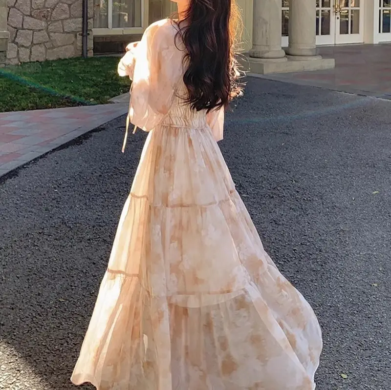 French Romantic Square-Neck Floral Dress, Summer Fairy 2026 New Style, Spring & Fall Gentle Elegant, Super Fairy Holiday Long Dress