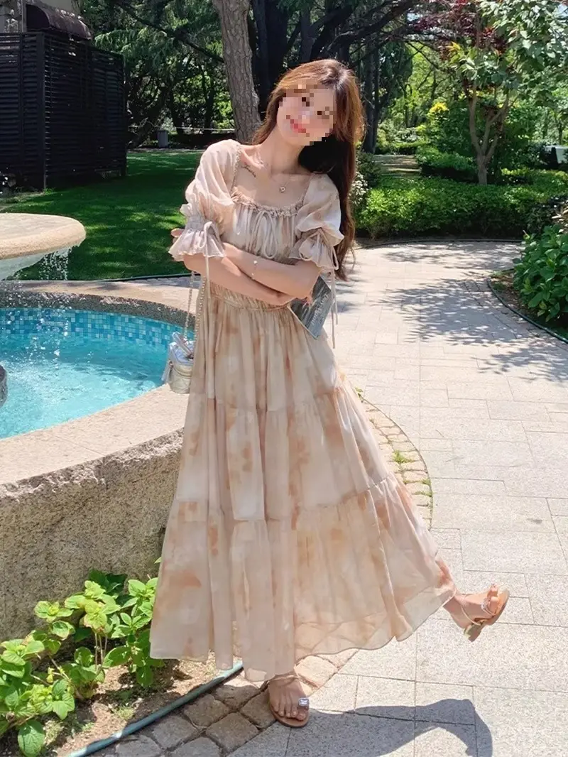 French Romantic Square-Neck Floral Dress, Summer Fairy 2026 New Style, Spring & Fall Gentle Elegant, Super Fairy Holiday Long Dress