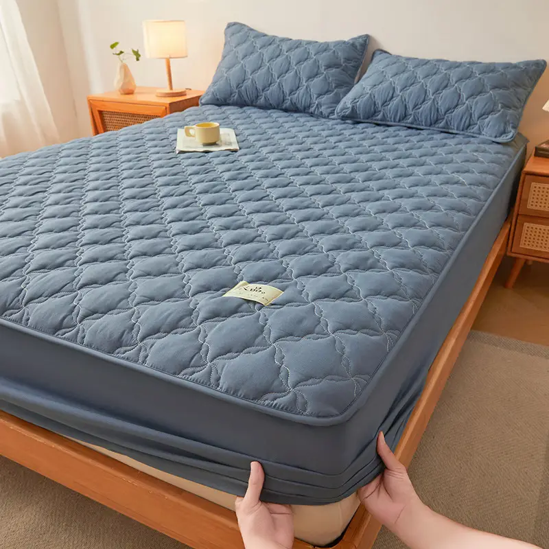 Class a Raw Cotton Double-Layer Quilted Xinjiang Cotton Fitted Sheet Mattress Protector Single Piece Bed Cover Wholesale Cross-Border