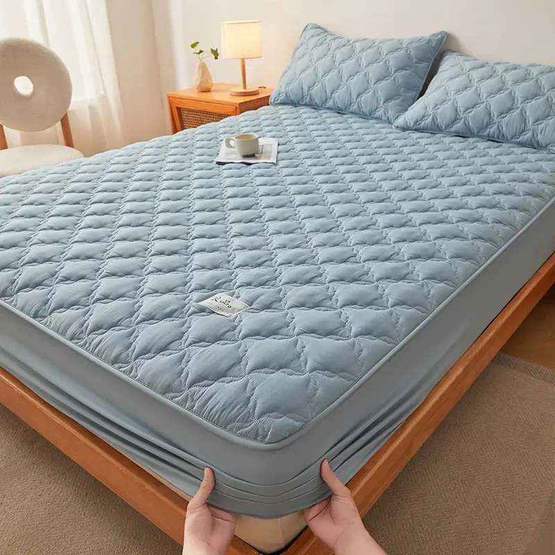 Class a Raw Cotton Double-Layer Quilted Xinjiang Cotton Fitted Sheet Mattress Protector Single Piece Bed Cover Wholesale Cross-Border