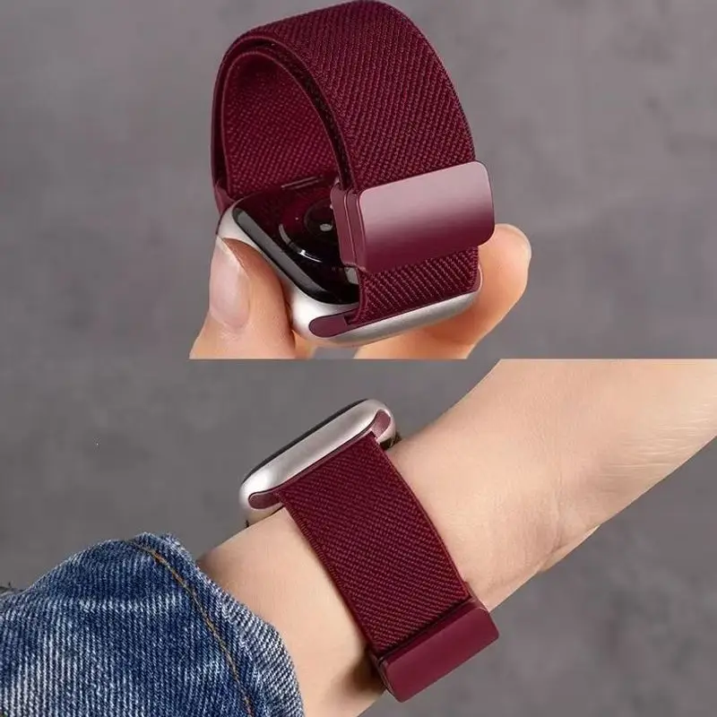 Suitable for Apple S10 Watch Iwatch11 Watch Strap Applewatch8 Burgundy Woven Magnetic S9 Premium Wristband
