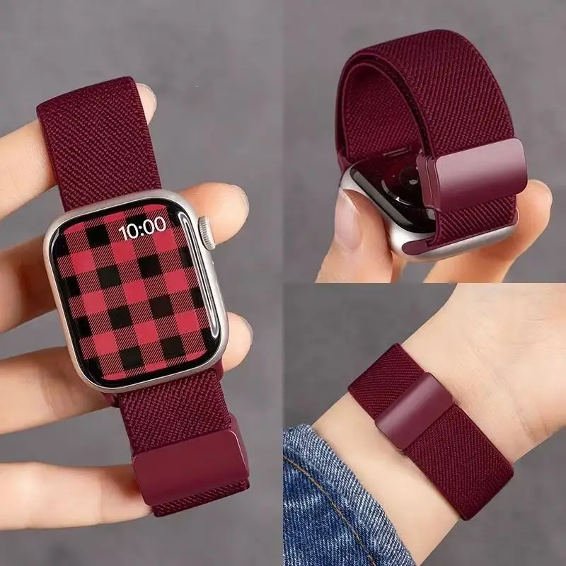 Suitable for Apple S10 Watch Iwatch11 Watch Strap Applewatch8 Burgundy Woven Magnetic S9 Premium Wristband — feature 1