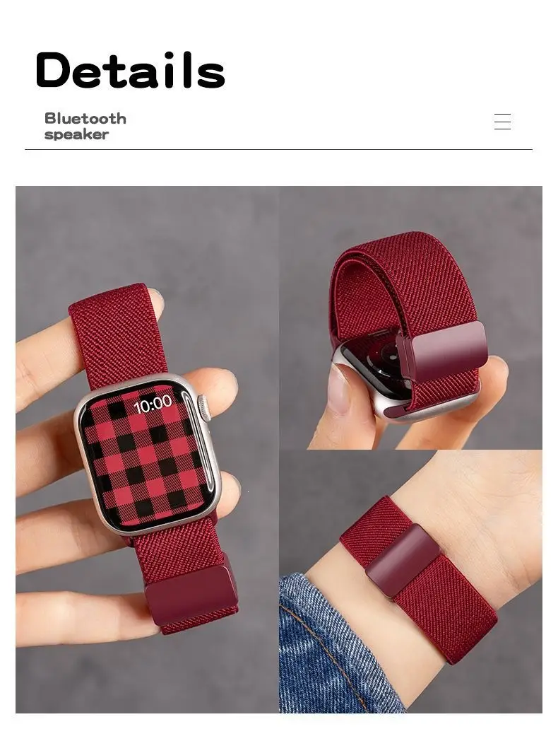 Suitable for Apple S10 Watch Iwatch11 Watch Strap Applewatch8 Burgundy Woven Magnetic S9 Premium Wristband — feature 4