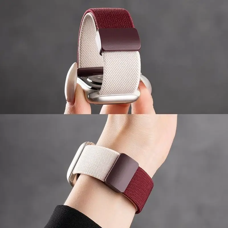 Suitable for Apple S10 Watch Iwatch11 Watch Strap Applewatch8 Burgundy Woven Magnetic S9 Premium Wristband