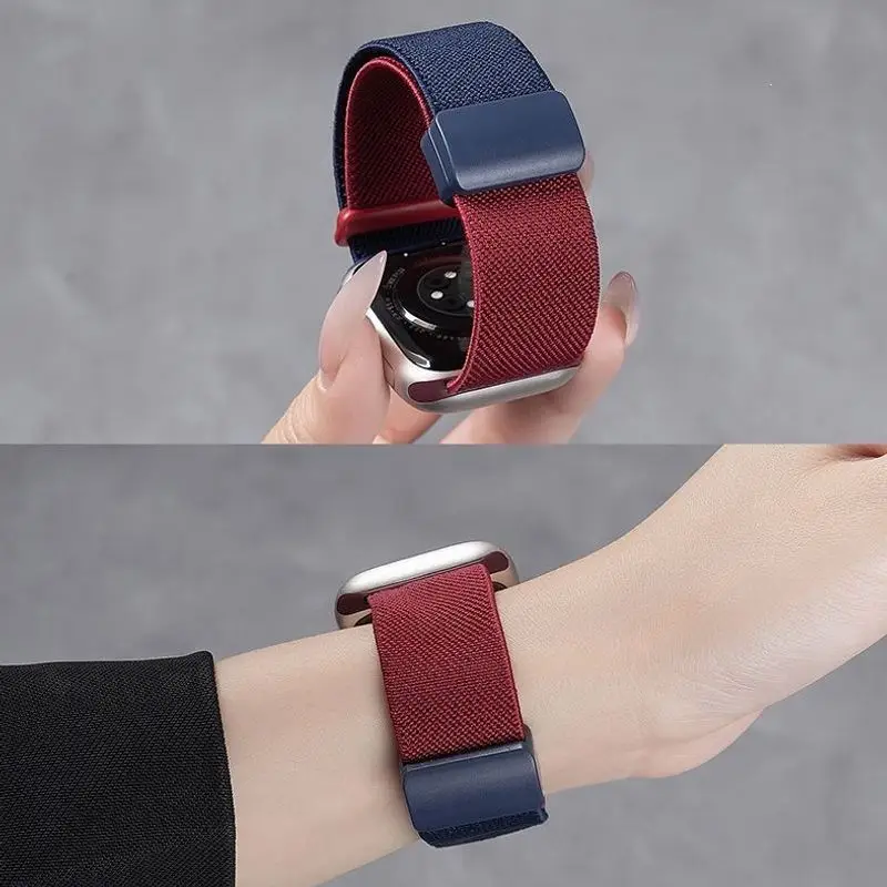 Suitable for Apple S10 Watch Iwatch11 Watch Strap Applewatch8 Burgundy Woven Magnetic S9 Premium Wristband