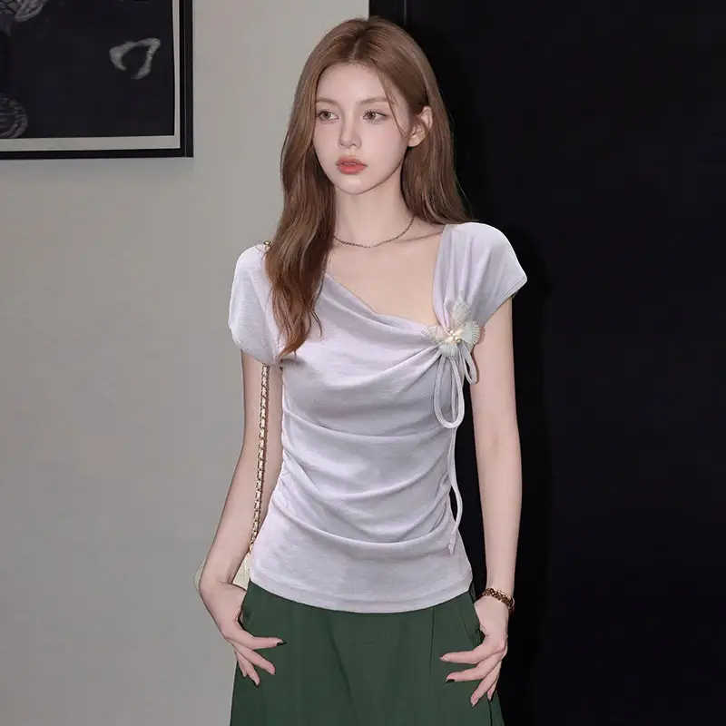 Light Blue Collarless Short-Sleeve T-Shirt with Exposed Collarbone, Summer Niche Style, Bow Tie Waist-Cinching Design, Stylish and Atmospheric Top — feature 10