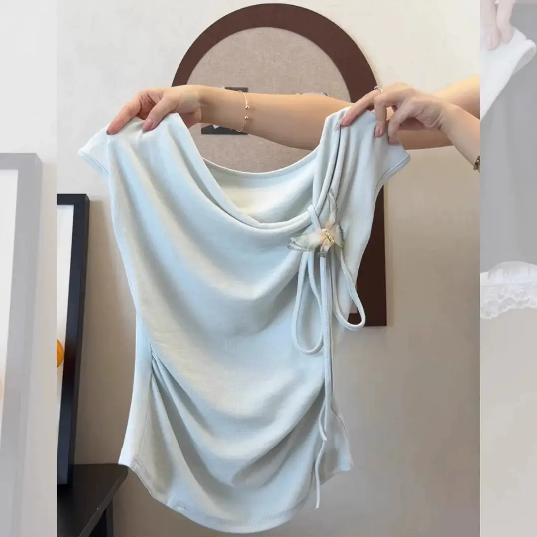 Light Blue Collarless Short-Sleeve T-Shirt with Exposed Collarbone, Summer Niche Style, Bow Tie Waist-Cinching Design, Stylish and Atmospheric Top — feature 15