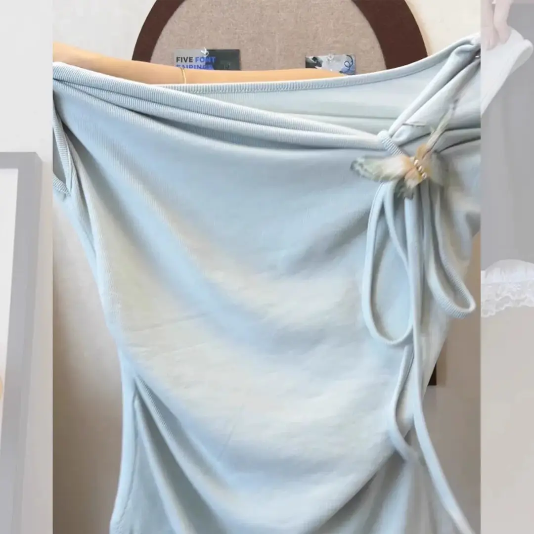 Light Blue Collarless Short-Sleeve T-Shirt with Exposed Collarbone, Summer Niche Style, Bow Tie Waist-Cinching Design, Stylish and Atmospheric Top — feature 16