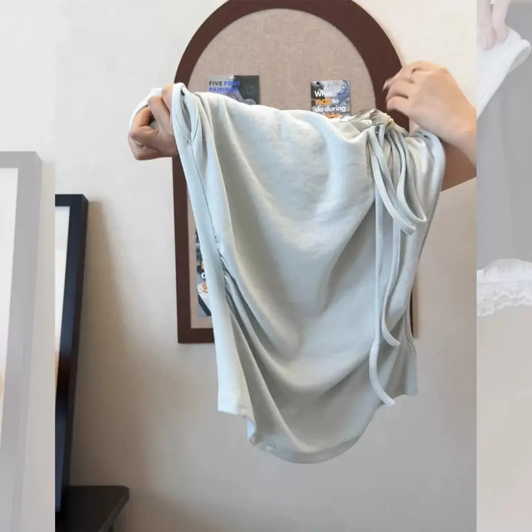 Light Blue Collarless Short-Sleeve T-Shirt with Exposed Collarbone, Summer Niche Style, Bow Tie Waist-Cinching Design, Stylish and Atmospheric Top — feature 17