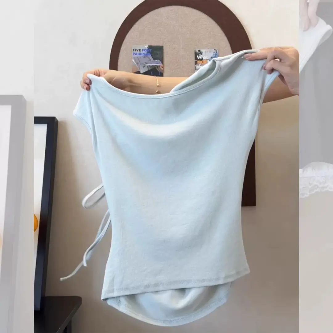 Light Blue Collarless Short-Sleeve T-Shirt with Exposed Collarbone, Summer Niche Style, Bow Tie Waist-Cinching Design, Stylish and Atmospheric Top — feature 18
