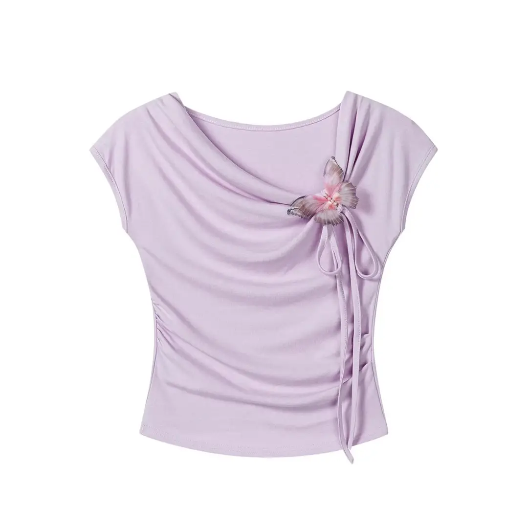 Light Blue Collarless Short-Sleeve T-Shirt with Exposed Collarbone, Summer Niche Style, Bow Tie Waist-Cinching Design, Stylish and Atmospheric Top — feature 19