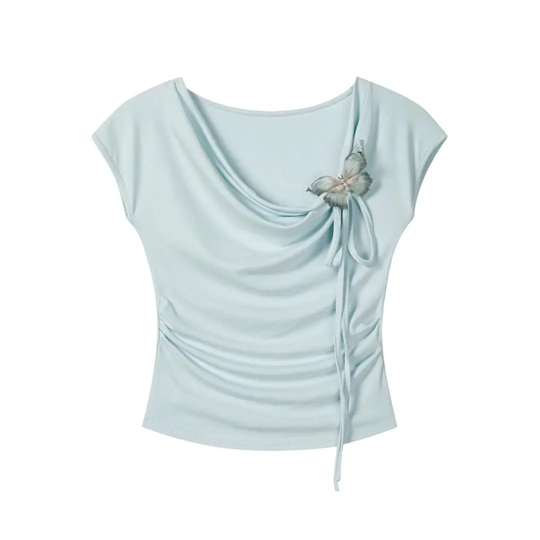 Light Blue Collarless Short-Sleeve T-Shirt with Exposed Collarbone, Summer Niche Style, Bow Tie Waist-Cinching Design, Stylish and Atmospheric Top — feature 20