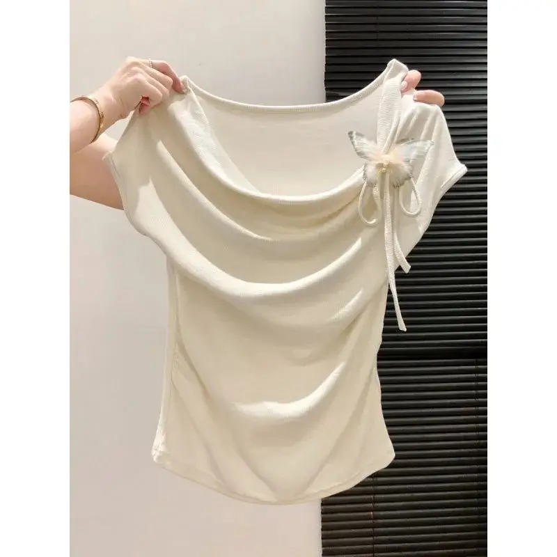 Light Blue Collarless Short-Sleeve T-Shirt with Exposed Collarbone, Summer Niche Style, Bow Tie Waist-Cinching Design, Stylish and Atmospheric Top — feature 23