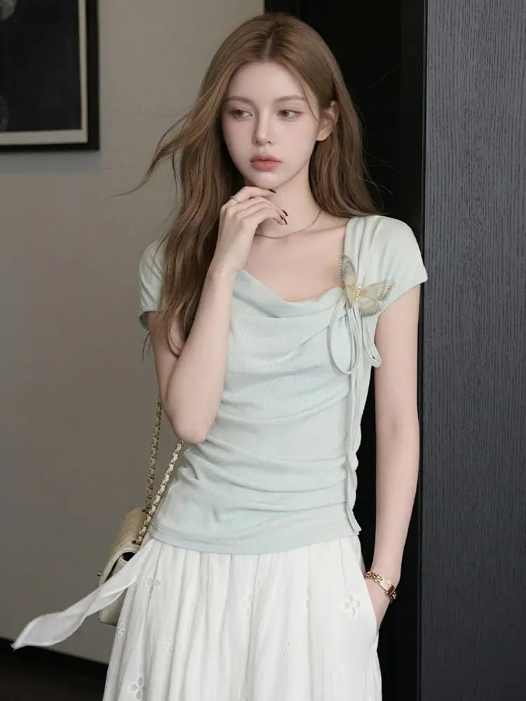 Light Blue Collarless Short-Sleeve T-Shirt with Exposed Collarbone, Summer Niche Style, Bow Tie Waist-Cinching Design, Stylish and Atmospheric Top — feature 25