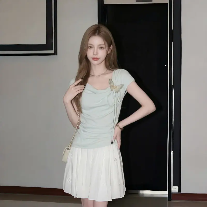 Light Blue Collarless Short-Sleeve T-Shirt with Exposed Collarbone, Summer Niche Style, Bow Tie Waist-Cinching Design, Stylish and Atmospheric Top — feature 8