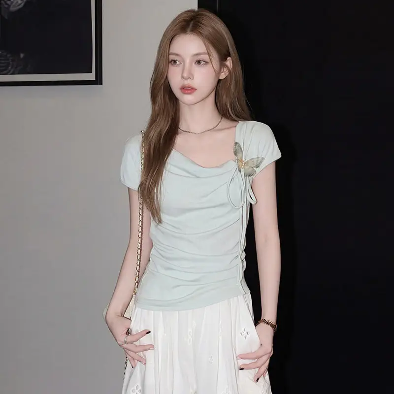 Light Blue Collarless Short-Sleeve T-Shirt with Exposed Collarbone, Summer Niche Style, Bow Tie Waist-Cinching Design, Stylish and Atmospheric Top — feature 9