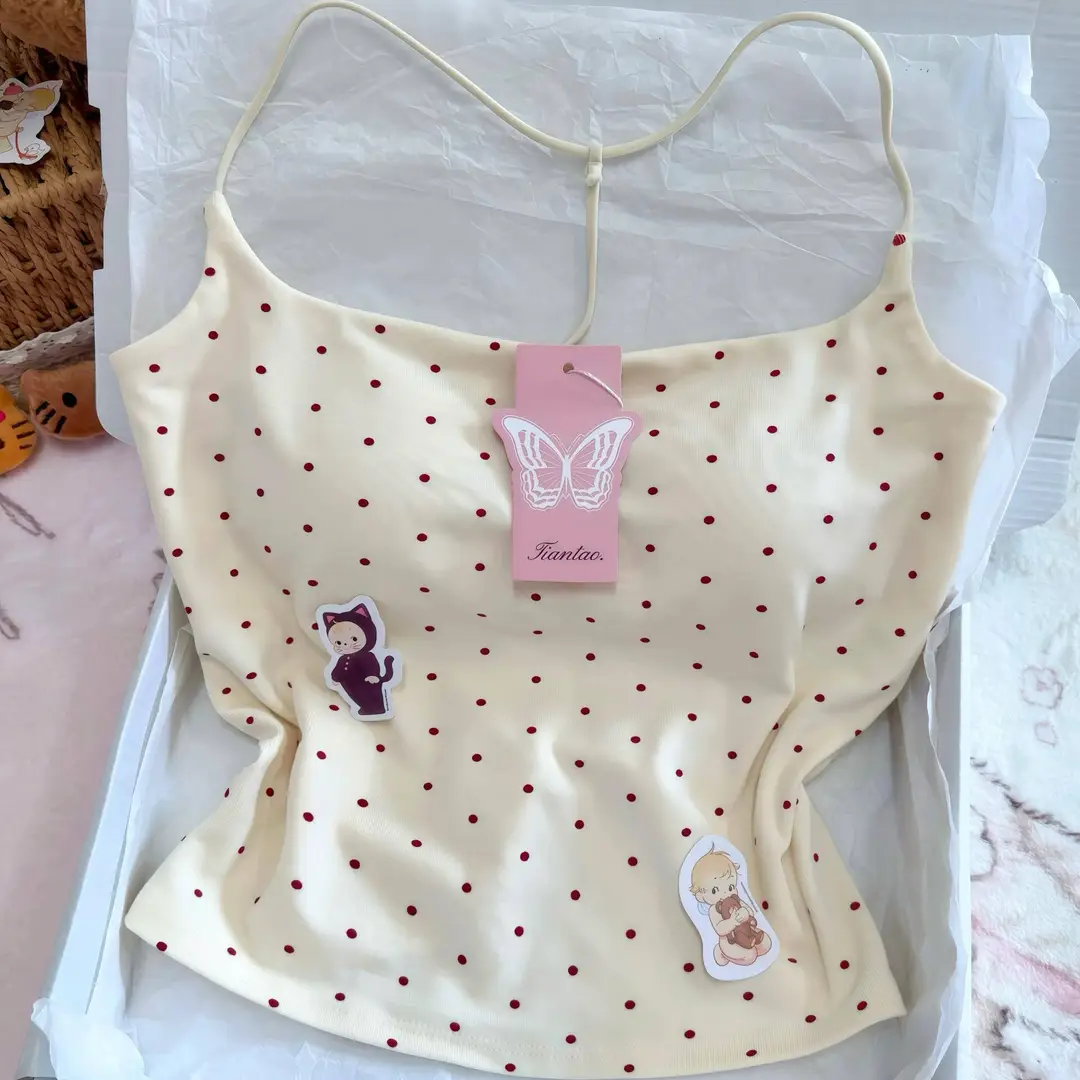 Purely Sexy Style Polka Dot Camisole with Chest Pads for Girls, Summer Top with Thin Straps and Racerback Design