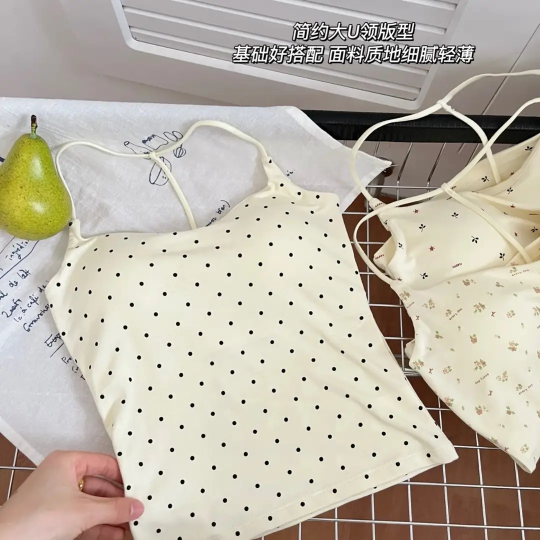 Purely Sexy Style Polka Dot Camisole with Chest Pads for Girls, Summer Top with Thin Straps and Racerback Design