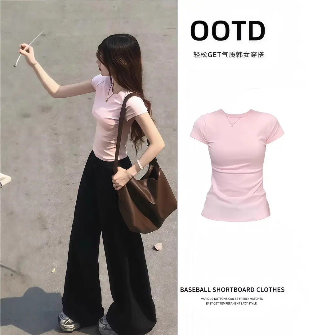 Black Round Neck Short-Sleeved T-Shirt Slim Fit Waist-Cinching Tight-Fitting Right-Shoulder Top for Women 2026 Summer Simple and Versatile Outfit - Image 3