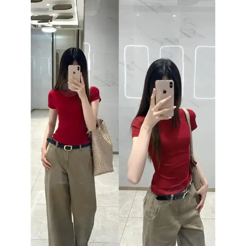 Black Round Neck Short-Sleeved T-Shirt Slim Fit Waist-Cinching Tight-Fitting Right-Shoulder Top for Women 2026 Summer Simple and Versatile Outfit - Image 5