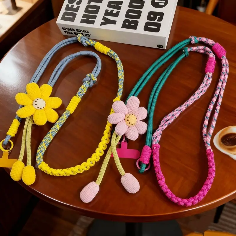 Mobile Phone Lanyard for Women, Long Crossbody Strap, Neck and Wrist Strap, Fresh Floral Color-Blocking Woven Design, Suitable for Outdoor Travel and Hiking