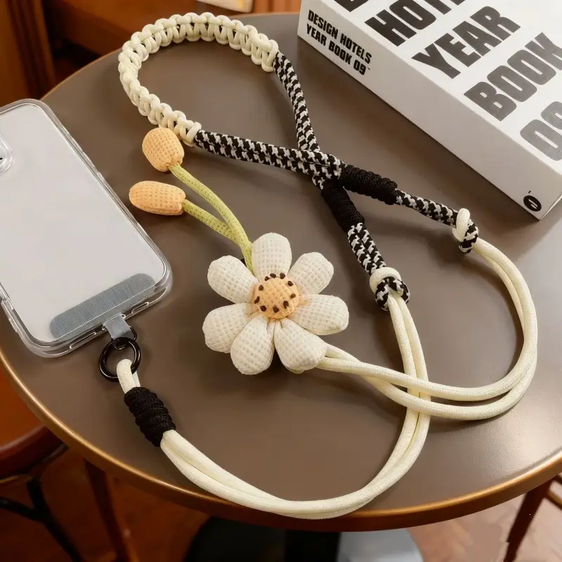 Mobile Phone Lanyard for Women, Long Crossbody Strap, Neck and Wrist Strap, Fresh Floral Color-Blocking Woven Design, Suitable for Outdoor Travel and Hiking