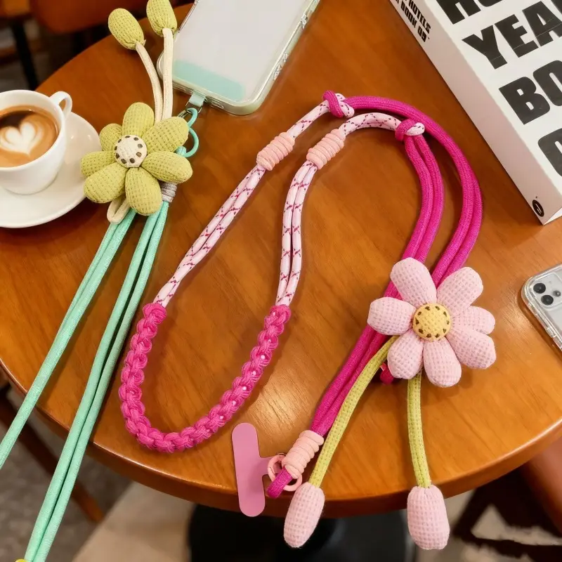 Mobile Phone Lanyard for Women, Long Crossbody Strap, Neck and Wrist Strap, Fresh Floral Color-Blocking Woven Design, Suitable for Outdoor Travel and Hiking