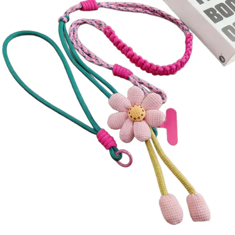 Mobile Phone Lanyard for Women, Long Crossbody Strap, Neck and Wrist Strap, Fresh Floral Color-Blocking Woven Design, Suitable for Outdoor Travel and Hiking