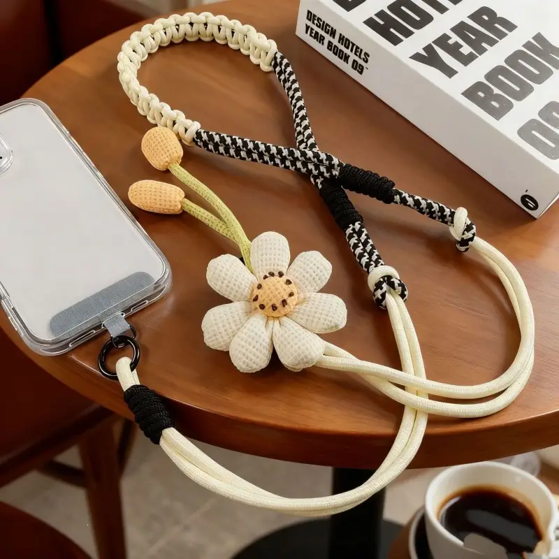 Mobile Phone Lanyard for Women, Long Crossbody Strap, Neck and Wrist Strap, Fresh Floral Color-Blocking Woven Design, Suitable for Outdoor Travel and Hiking