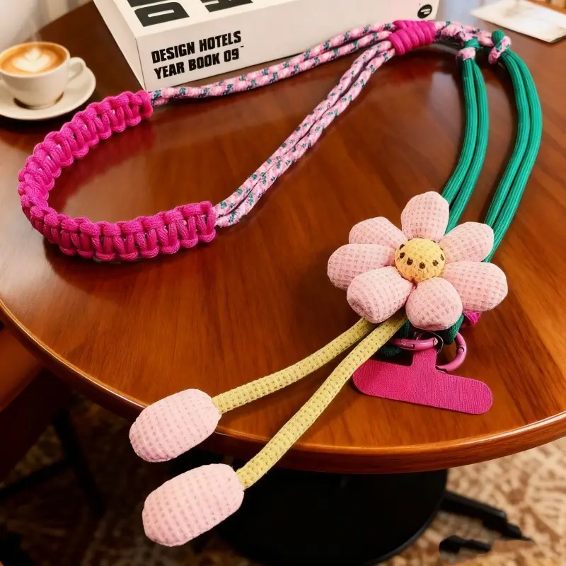 Mobile Phone Lanyard for Women, Long Crossbody Strap, Neck and Wrist Strap, Fresh Floral Color-Blocking Woven Design, Suitable for Outdoor Travel and Hiking
