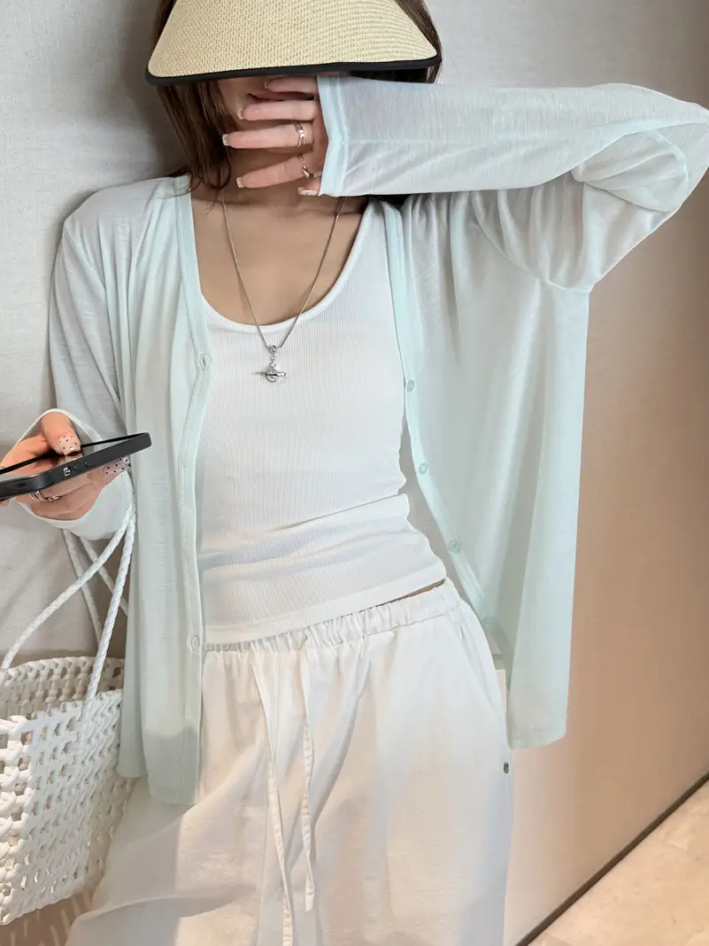Tencel Lyocell Sun-Protective Knit Cardigan for Women, Summer Long-Sleeve Thin Outerwear, Air Conditioning Shirt, Simple Versatile Jacket