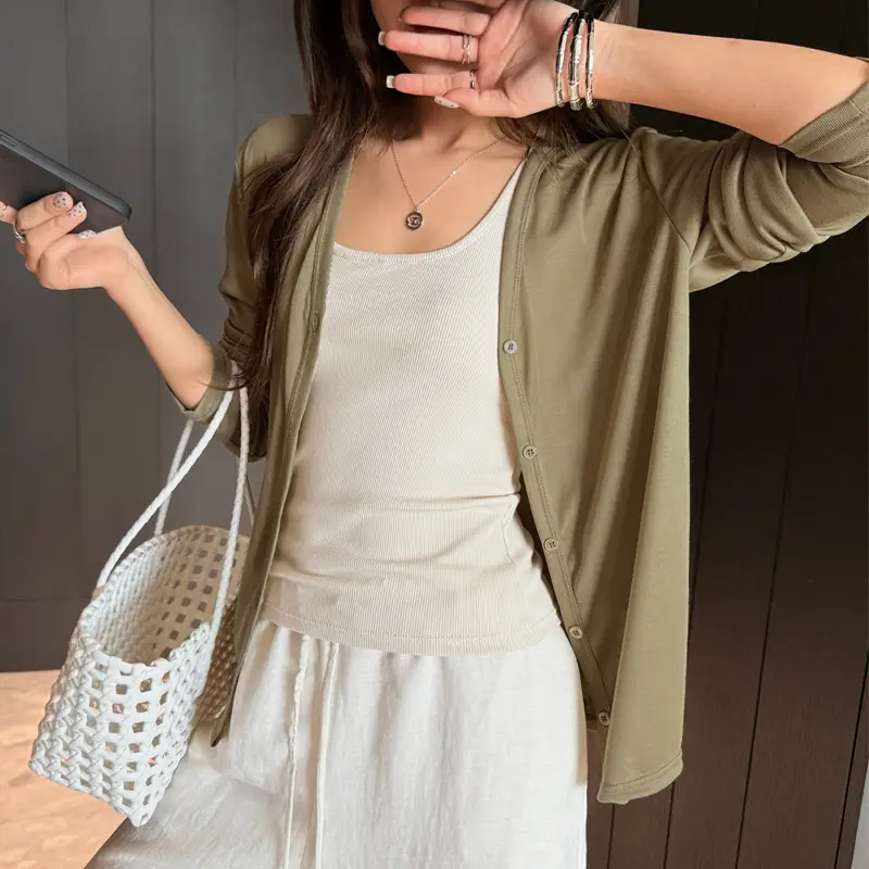Tencel Lyocell Sun-Protective Knit Cardigan for Women, Summer Long-Sleeve Thin Outerwear, Air Conditioning Shirt, Simple Versatile Jacket