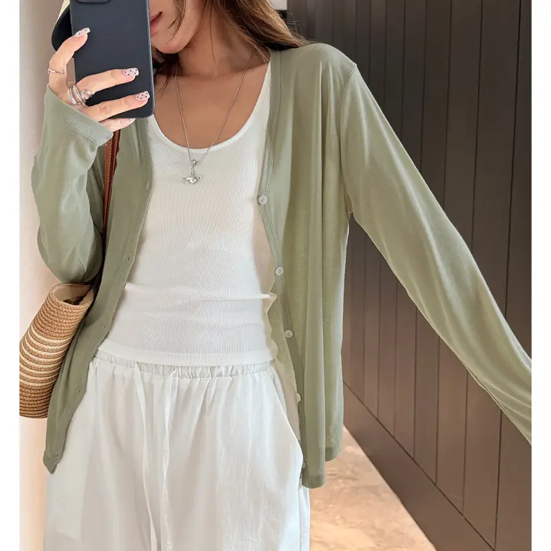 Tencel Lyocell Sun-Protective Knit Cardigan for Women, Summer Long-Sleeve Thin Outerwear, Air Conditioning Shirt, Simple Versatile Jacket