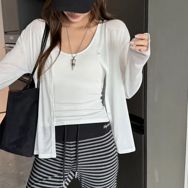 Tencel Lyocell Sun-Protective Knit Cardigan for Women, Summer Long-Sleeve Thin Outerwear, Air Conditioning Shirt, Simple Versatile Jacket