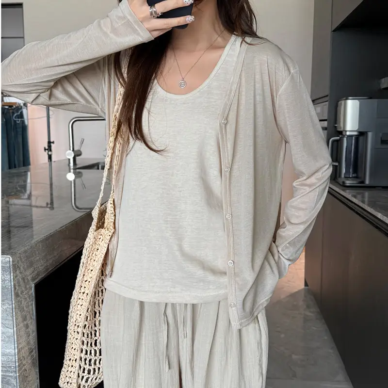 Tencel Lyocell Sun-Protective Knit Cardigan for Women, Summer Long-Sleeve Thin Outerwear, Air Conditioning Shirt, Simple Versatile Jacket