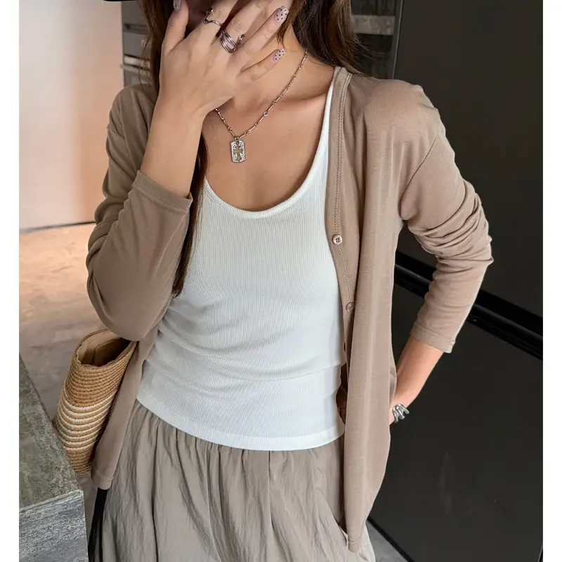 Tencel Lyocell Sun-Protective Knit Cardigan for Women, Summer Long-Sleeve Thin Outerwear, Air Conditioning Shirt, Simple Versatile Jacket