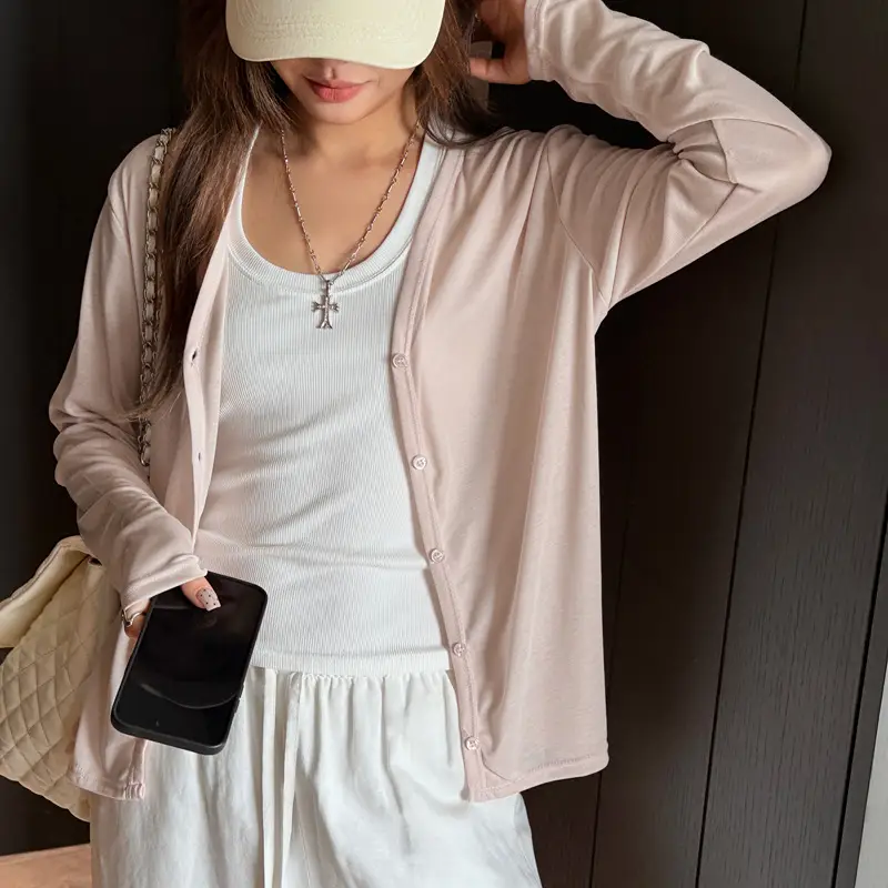 Tencel Lyocell Sun-Protective Knit Cardigan for Women, Summer Long-Sleeve Thin Outerwear, Air Conditioning Shirt, Simple Versatile Jacket