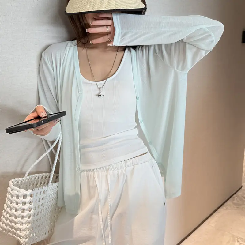 Tencel Lyocell Sun-Protective Knit Cardigan for Women, Summer Long-Sleeve Thin Outerwear, Air Conditioning Shirt, Simple Versatile Jacket