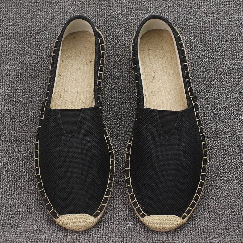 Summer Handmade Linen-Soled Straw Shoes for Men, Slip-On Lazy Fisherman Shoes, Casual Breathable Sweat-Absorbent Single Shoes, Canvas Shoes