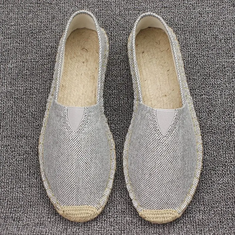 Summer Handmade Linen-Soled Straw Shoes for Men, Slip-On Lazy Fisherman Shoes, Casual Breathable Sweat-Absorbent Single Shoes, Canvas Shoes