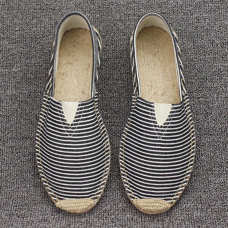Summer Handmade Linen-Soled Straw Shoes for Men, Slip-On Lazy Fisherman Shoes, Casual Breathable Sweat-Absorbent Single Shoes, Canvas Shoes
